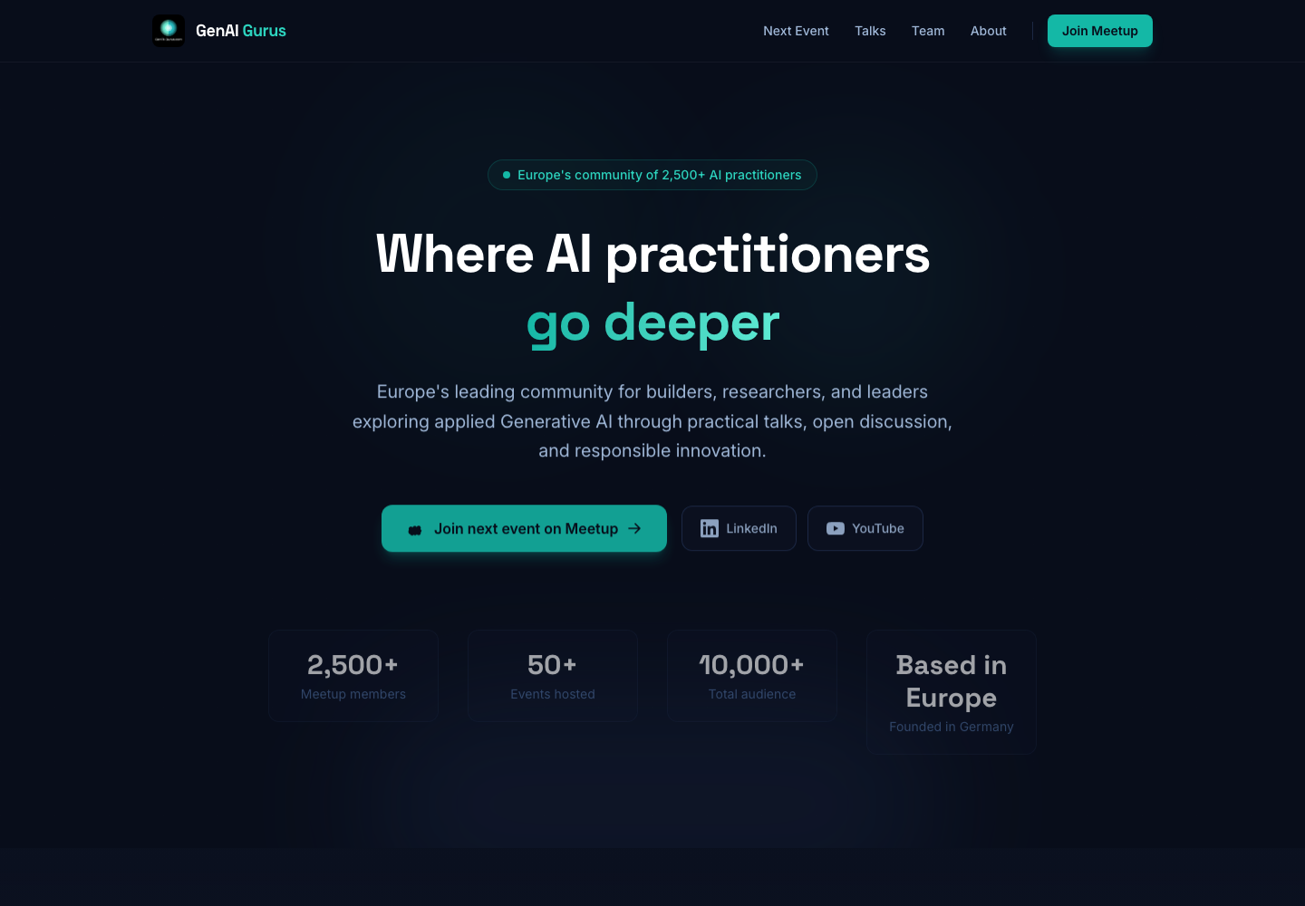 GenAI Gurus homepage showing the community positioning and public metrics