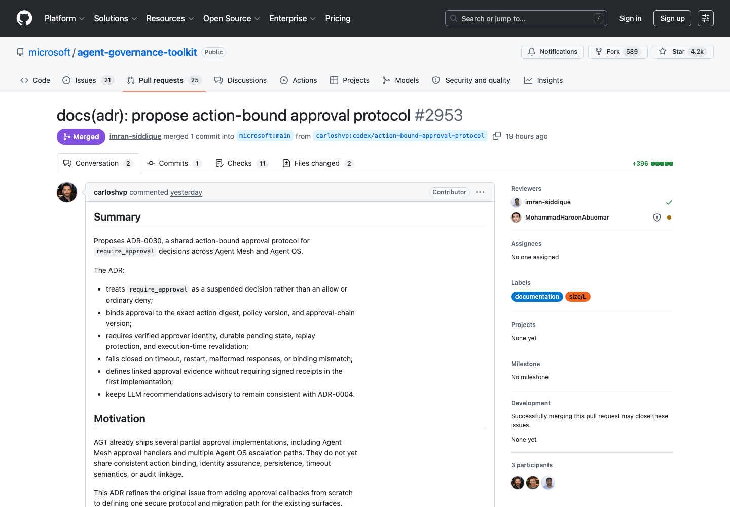 Merged Microsoft Agent Governance Toolkit pull request for an action-bound approval protocol